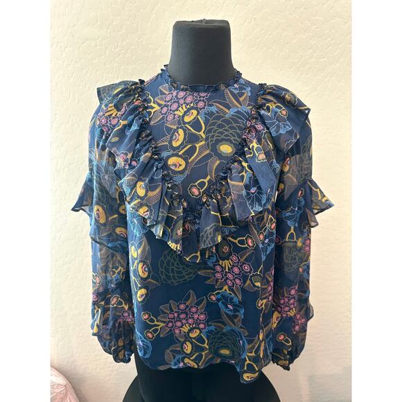 TED BAKER LONDON | Navy Romantic Floral Ruffle Sheer Blouse Top | Size 0 (2) - Picture 2 of 6